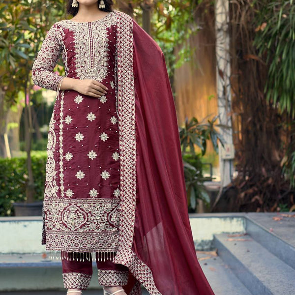 Prazu Fashion Dark Maroon Jimmy Silk Sequin Embroidered Salwar Suit - Distacart
