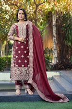 Thumbnail for Prazu Fashion Dark Maroon Jimmy Silk Sequin Embroidered Salwar Suit - Distacart
