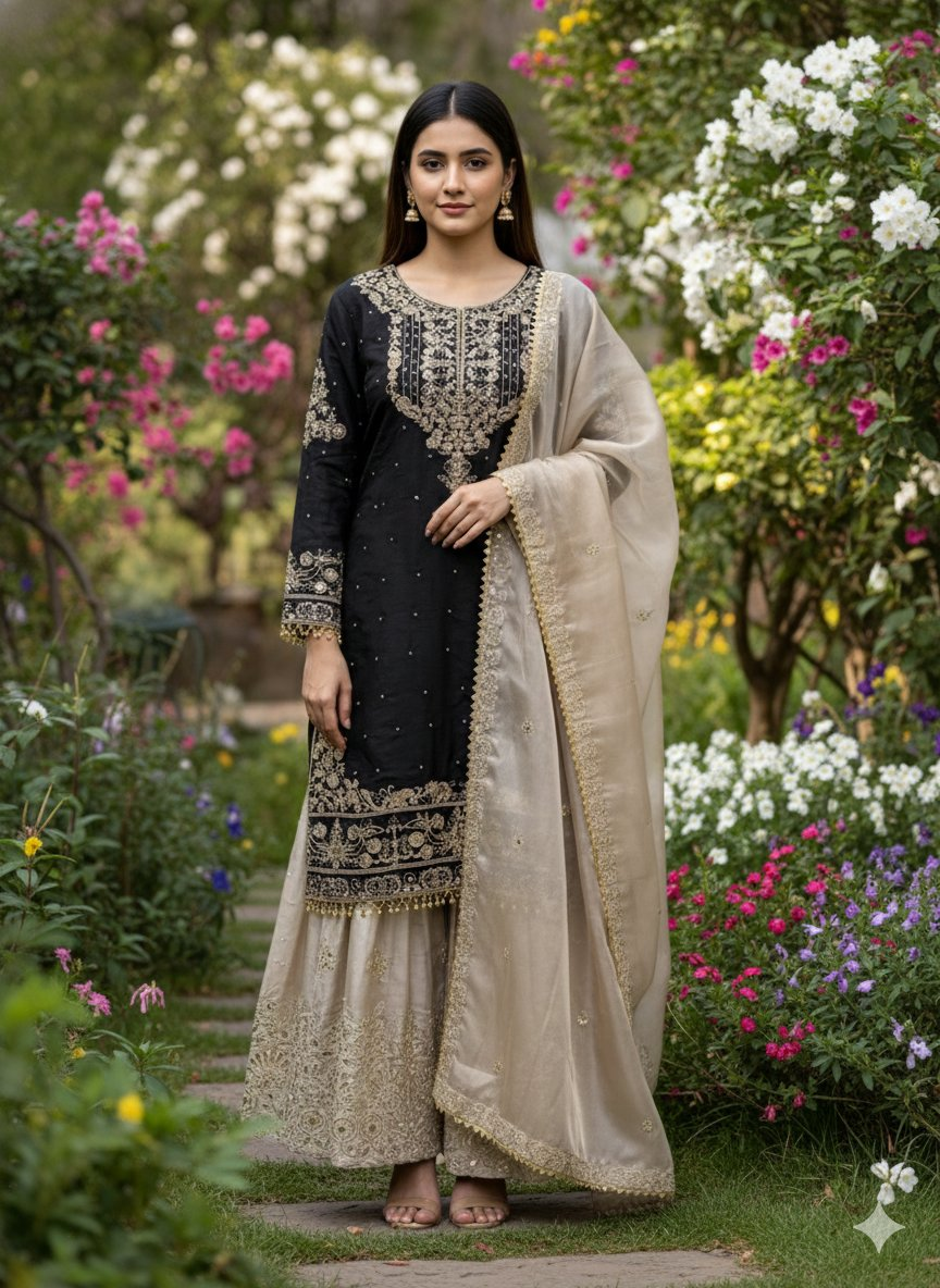 Prazu Fashion Black Jimmy Silk Embroidery Dori Sequence Palazzo Suit
