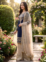 Thumbnail for Prazu Fashion Blue Jimmy Silk Embroidery Dori Sequence Palazzo Suit - Distacart