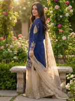 Thumbnail for Prazu Fashion Blue Jimmy Silk Embroidery Dori Sequence Palazzo Suit - Distacart