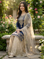 Thumbnail for Prazu Fashion Blue Jimmy Silk Embroidery Dori Sequence Palazzo Suit - Distacart