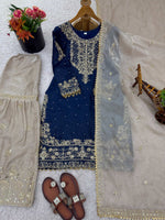 Thumbnail for Prazu Fashion Blue Jimmy Silk Embroidery Dori Sequence Palazzo Suit - Distacart