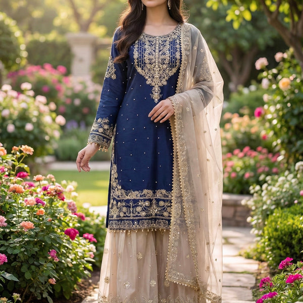 Prazu Fashion Blue Jimmy Silk Embroidery Dori Sequence Palazzo Suit - Distacart