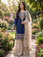 Thumbnail for Prazu Fashion Blue Jimmy Silk Embroidery Dori Sequence Palazzo Suit - Distacart