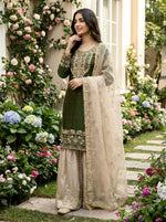Thumbnail for Prazu Fashion Green Jimmy Silk Embroidery Dori Sequence Palazzo Suit - Distacart