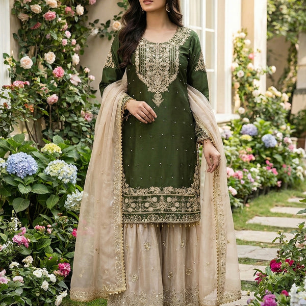 Prazu Fashion Green Jimmy Silk Embroidery Dori Sequence Palazzo Suit - Distacart