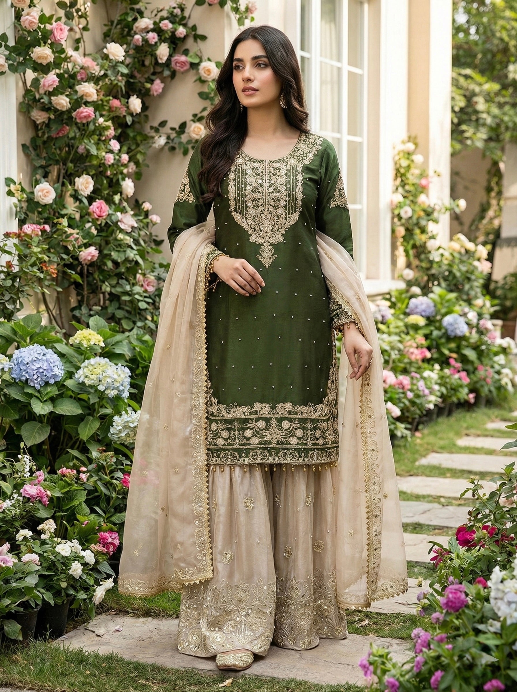 Prazu Fashion Green Jimmy Silk Embroidery Dori Sequence Palazzo Suit
