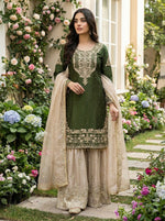 Thumbnail for Prazu Fashion Green Jimmy Silk Embroidery Dori Sequence Palazzo Suit - Distacart