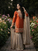 Thumbnail for Prazu Fashion Orange Jimmy Silk Embroidery Dori Sequence Palazzo Suit - Distacart