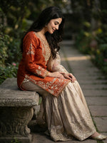 Thumbnail for Prazu Fashion Orange Jimmy Silk Embroidery Dori Sequence Palazzo Suit - Distacart