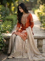 Thumbnail for Prazu Fashion Orange Jimmy Silk Embroidery Dori Sequence Palazzo Suit - Distacart