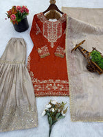 Thumbnail for Prazu Fashion Orange Jimmy Silk Embroidery Dori Sequence Palazzo Suit - Distacart