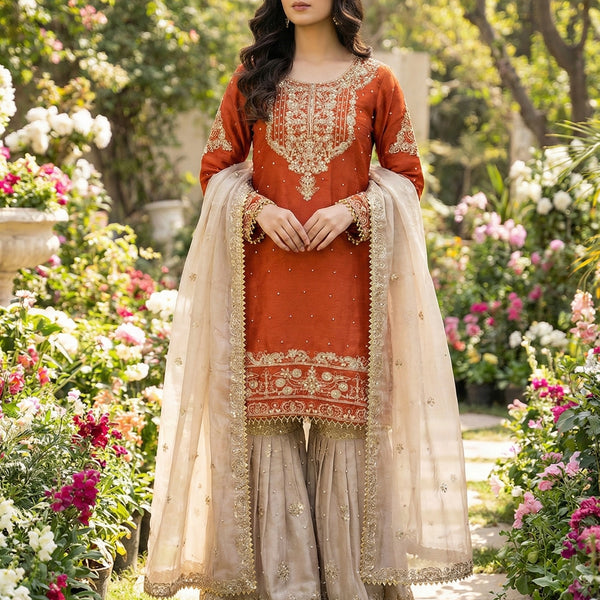Prazu Fashion Orange Jimmy Silk Embroidery Dori Sequence Palazzo Suit - Distacart