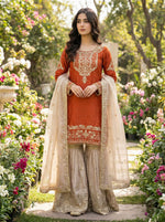 Thumbnail for Prazu Fashion Orange Jimmy Silk Embroidery Dori Sequence Palazzo Suit - Distacart