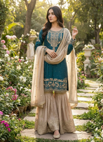 Thumbnail for Prazu Fashion Rama Jimmy Silk Embroidery Dori Sequence Palazzo Suit - Distacart