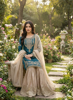 Thumbnail for Prazu Fashion Rama Jimmy Silk Embroidery Dori Sequence Palazzo Suit - Distacart