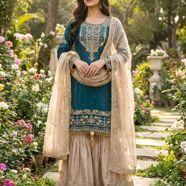 Prazu Fashion Rama Jimmy Silk Embroidery Dori Sequence Palazzo Suit - Distacart