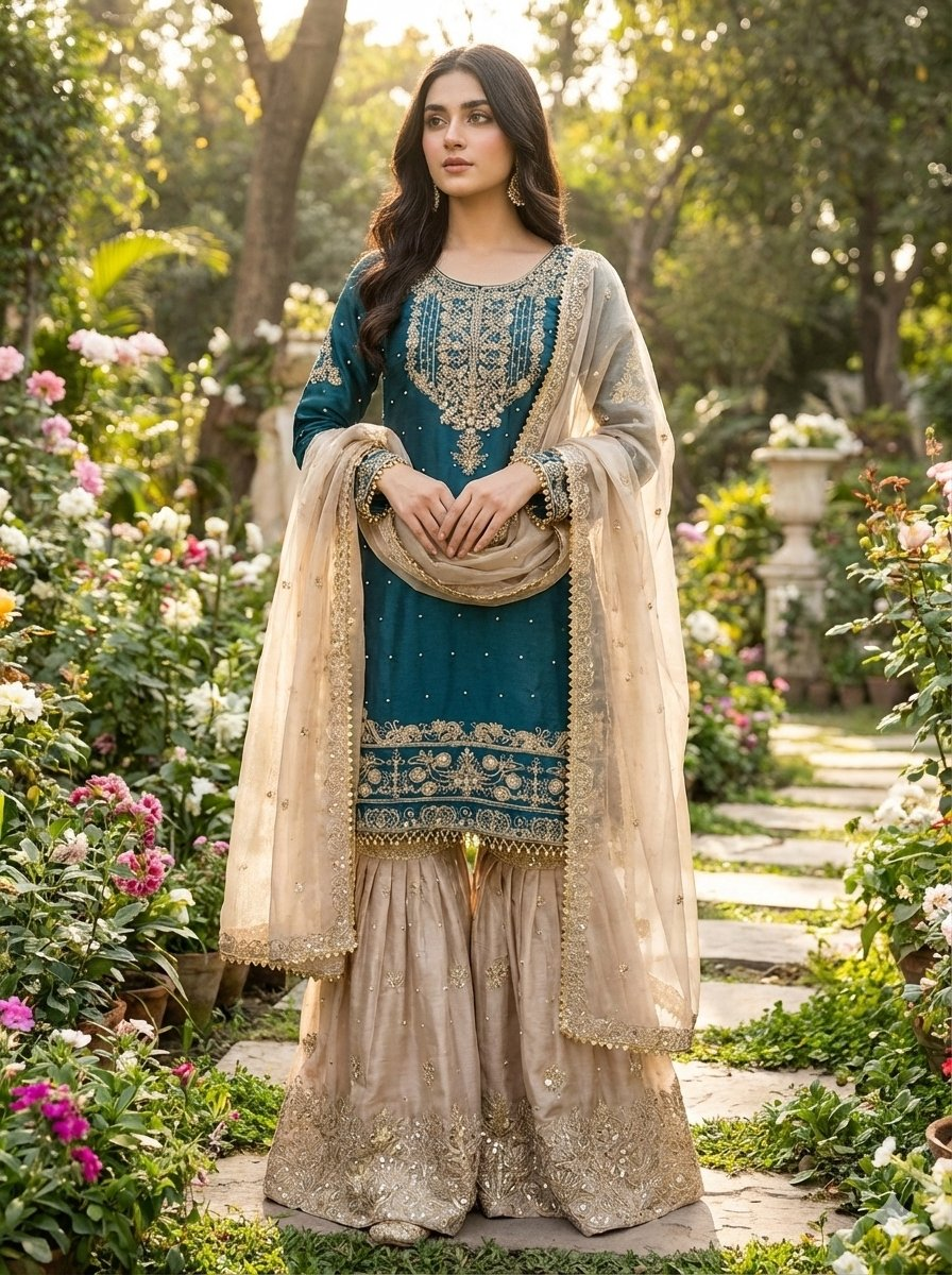 Prazu Fashion Rama Jimmy Silk Embroidery Dori Sequence Palazzo Suit