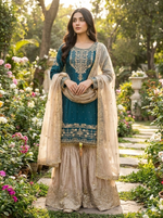 Thumbnail for Prazu Fashion Rama Jimmy Silk Embroidery Dori Sequence Palazzo Suit - Distacart