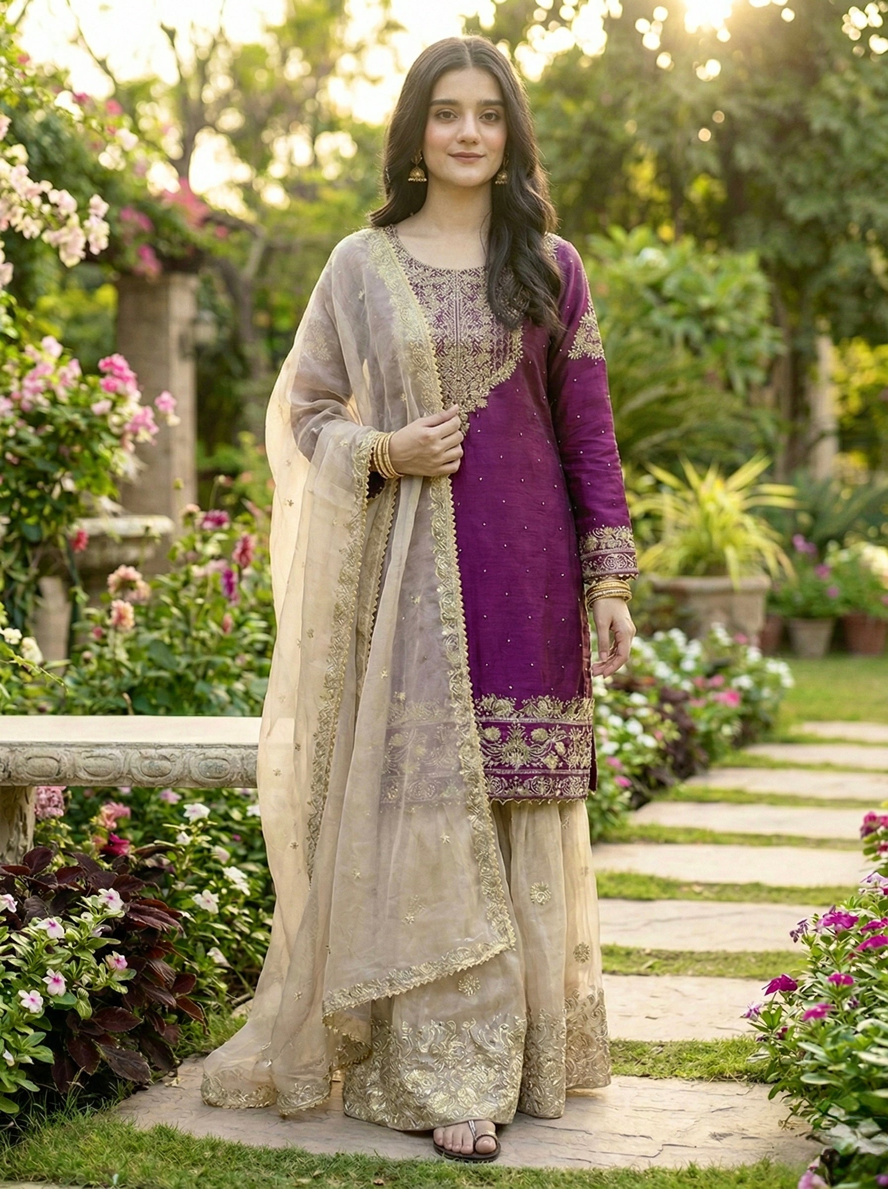 Prazu Fashion Wine Jimmy Silk Embroidery Dori Sequence Palazzo Suit