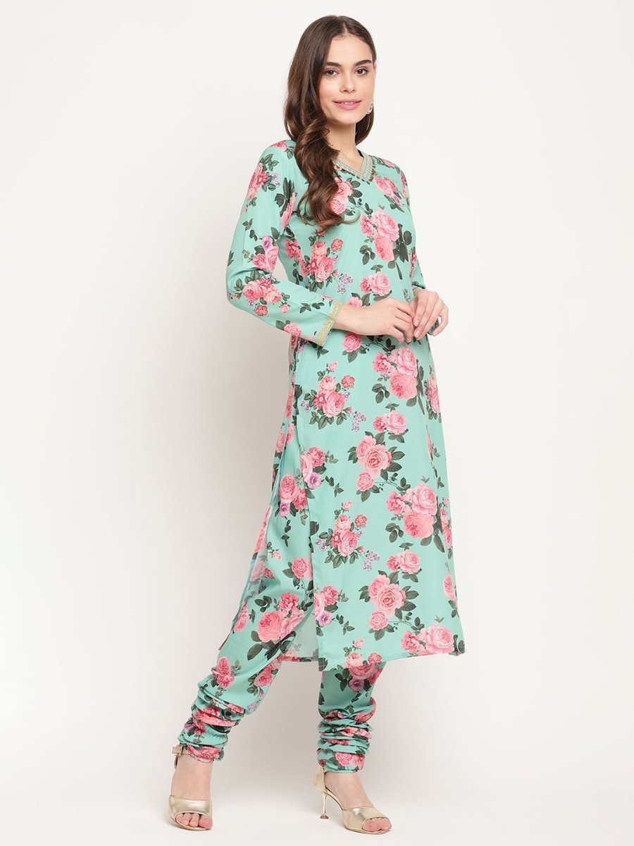 Ahalyaa Women Green Floral Printed Regular Kurta Churidar Set & With Dupatta