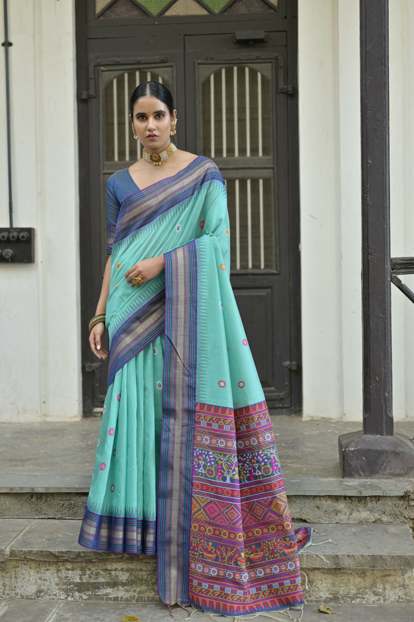 Vishnu Weaves Women's Firozi Handloom Raw Silk Saree with Blouse - Distacart