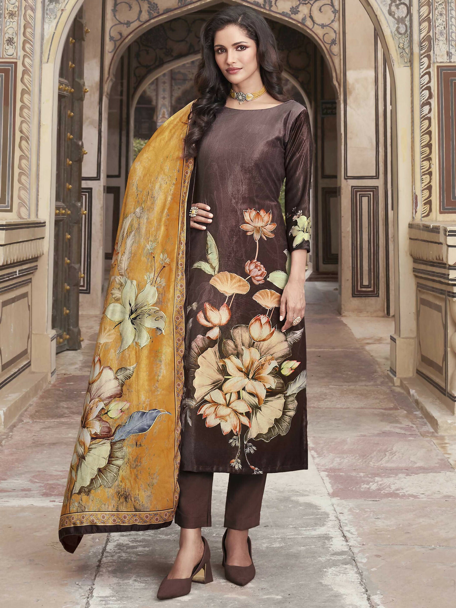Jyoti Fashion Women's Brown Velvet Floral Digital Printed Kurta with Trouser & Dupatta - Distacart
