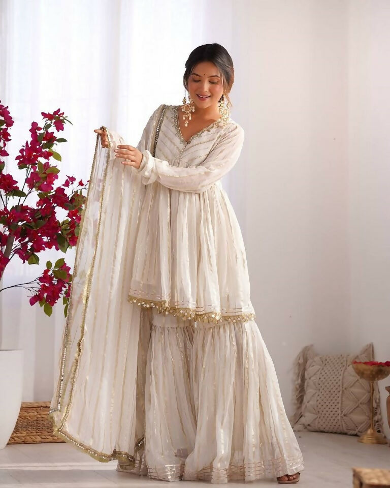 Teeya Creation White Color Mal Chanderi Silk Mirror Work And Hand Work Sharara set