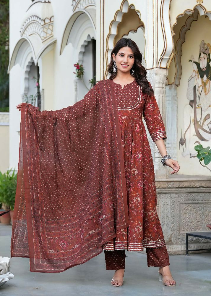 Jaimini Women Cotton Printed Round Neck 3/4 Sleeves Calf Length Flared Kurta Pant And Dupatta Set - Dista