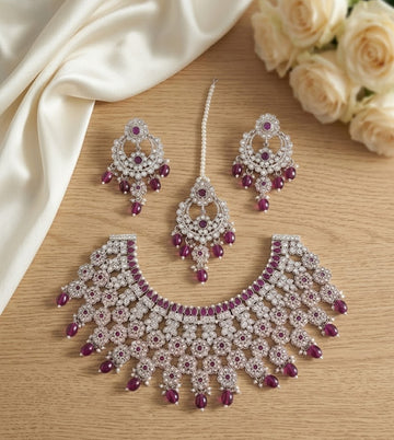 Jewel City Silver Plated Purple Beads Indian Bridal Jewelry Set Choker Necklace-Traditional Wedding Wear Festive Ethnic Jewelry Set - Dista