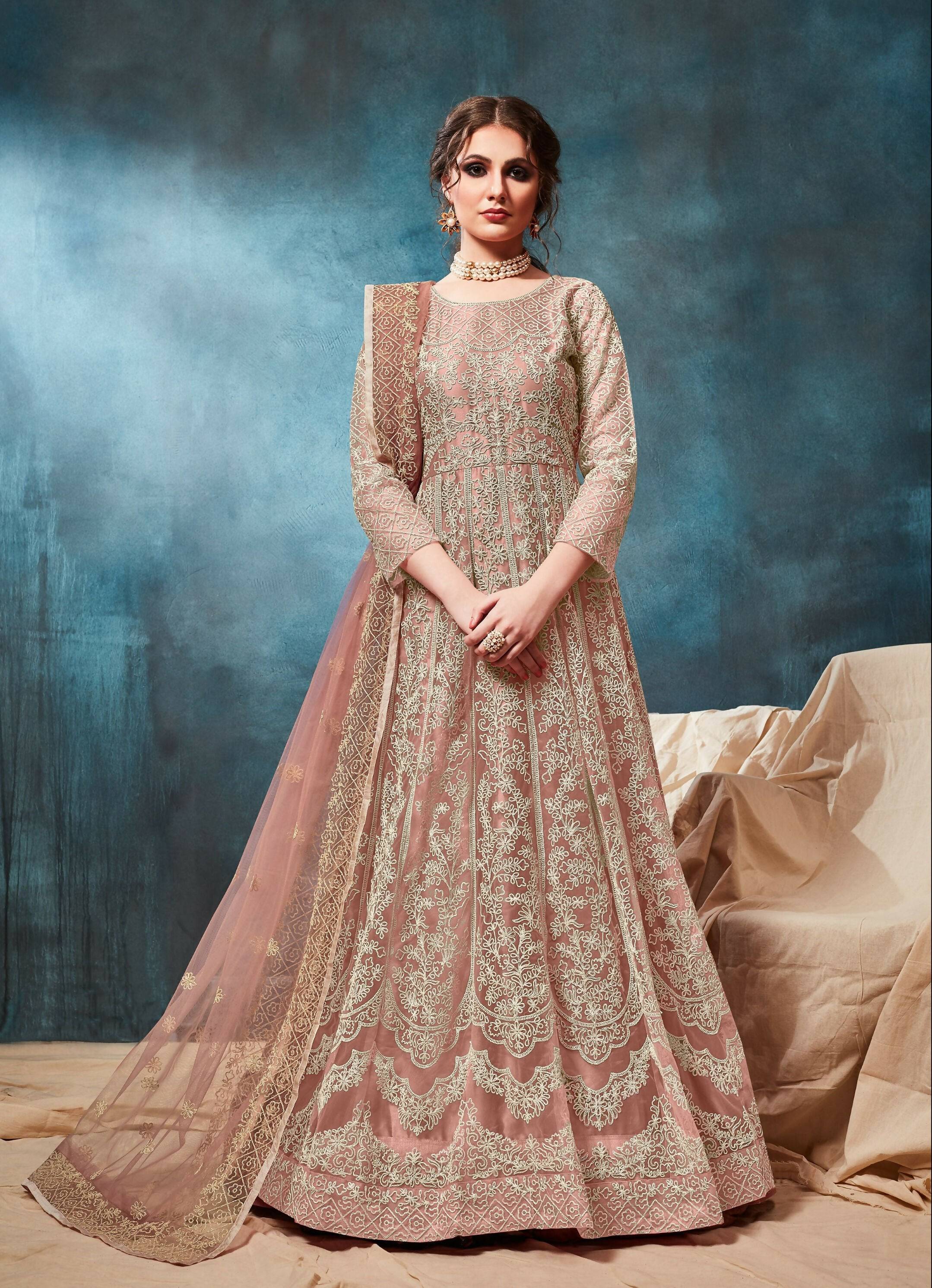 Anaita Peach Embroidered Net Anarkali Suit - Distacart