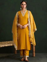 Thumbnail for Indo Era Mustard Yellow Floral Embroidered V-Neck Straight Kurta with Trousers & Dupatta