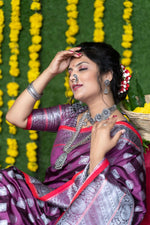 Thumbnail for Jyoti Fashion Women's Wine Soft Handloom Silk Zari Woven Saree with Blouse - Distacart