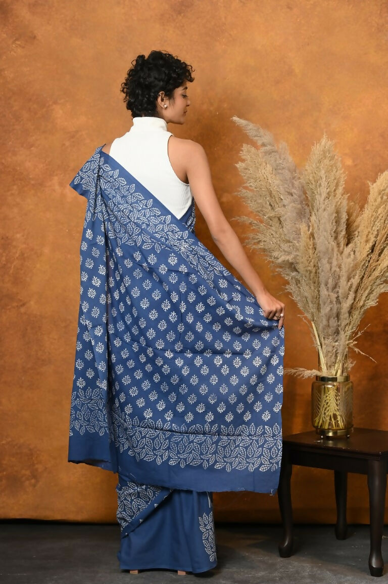 Very Much Indian Handblock Printed Cotton Saree With Natural Dyes - Cyan Blue - Distacart