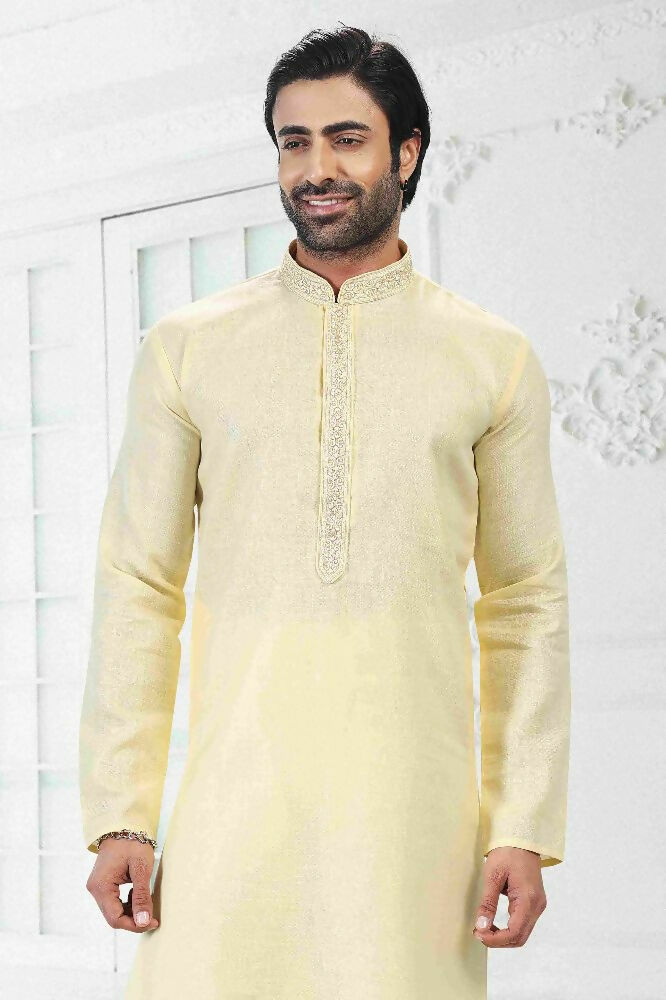 Raivat Ethnic Linen Cotton Thread Work Kurta Pajama In Yellow Colour - Dista