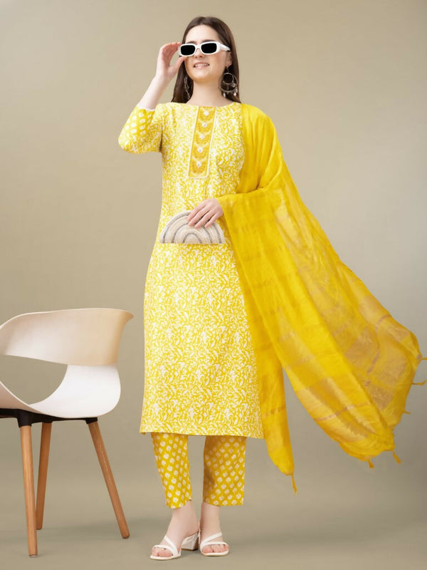 Jyoti Fashion Women's Yellow Rayon Embroidery & Sequence work Kurta with Trouser & Dupatta - Distacart
