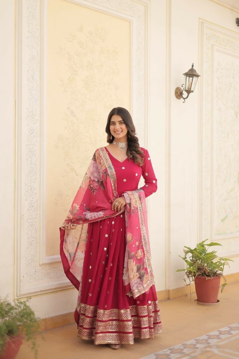 Aastha Fashion Women's Pink Faux Georgette Embroidery Zari Sequins-work Gown with Dupatta - Distacart