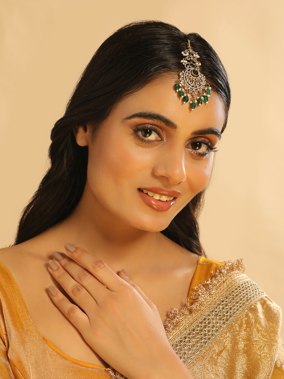 Nuyug 18K Gold Plated Ethereal Green Stone Maang Tikka