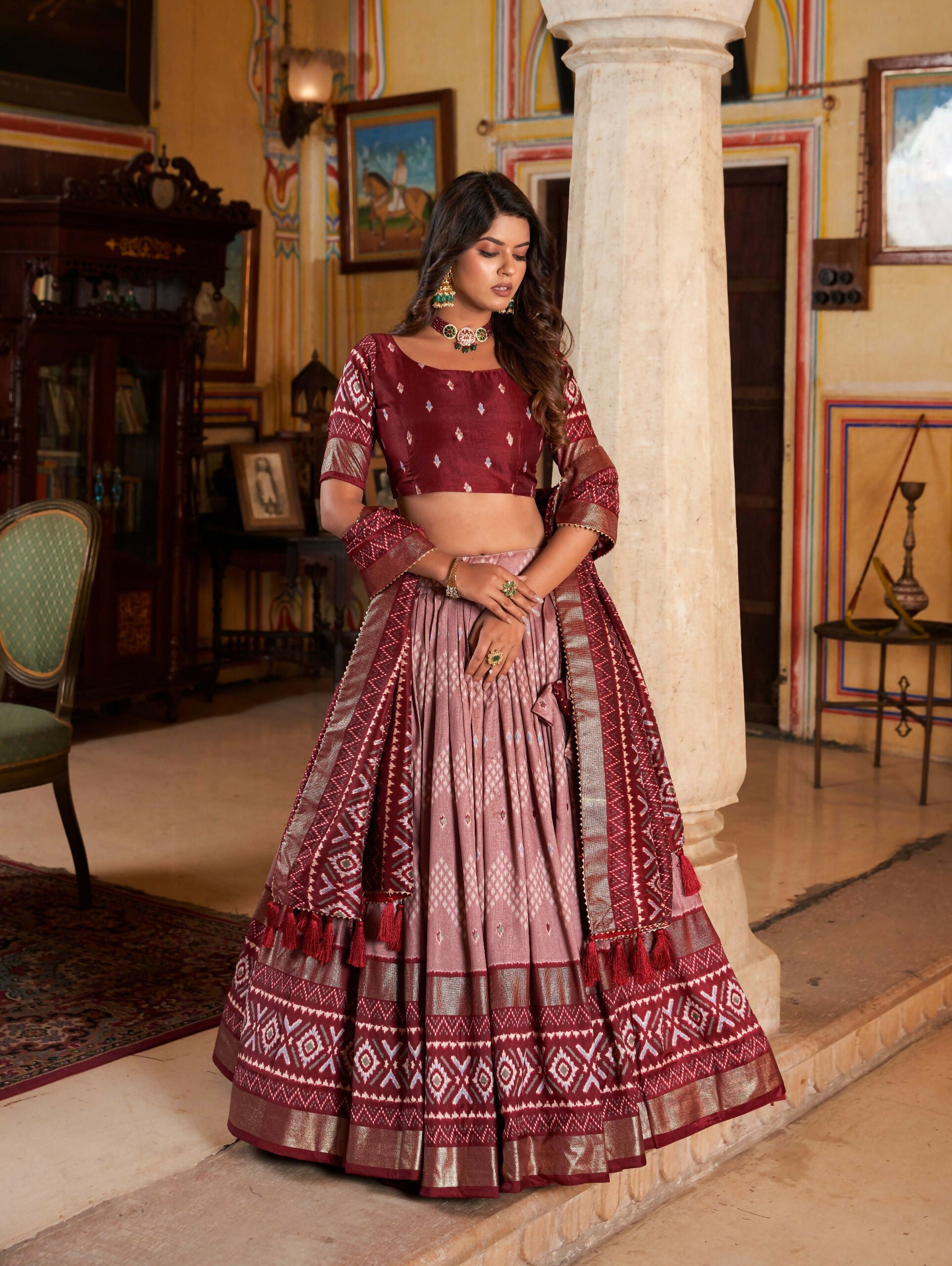 Vastranavya Occasionaly Tussar Silk Dot And Ikkat Print With Foil Work Lehenga Choli - Maroon - Distacart