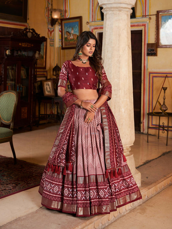 Vastranavya Occasionaly Tussar Silk Dot And Ikkat Print With Foil Work Lehenga Choli - Maroon - Distacart
