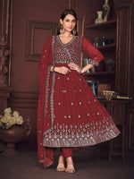 Thumbnail for Jyoti Fashion Women's Maroon Georgette Embroidered Anarkali Kurta Pant Set With Dupatta - Distacart