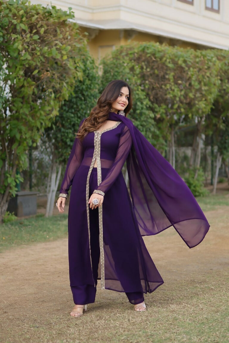Jyoti Fashion Women's Purple Faux Blooming Embroidered Kurta with Trouser & Dupatta - Distacart