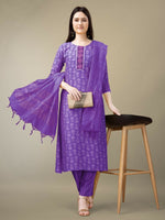 Thumbnail for Jyoti Fashion Women's Purple Rayon Embroidery & Sequence work Kurta with Trouser & Dupatta - Distacart