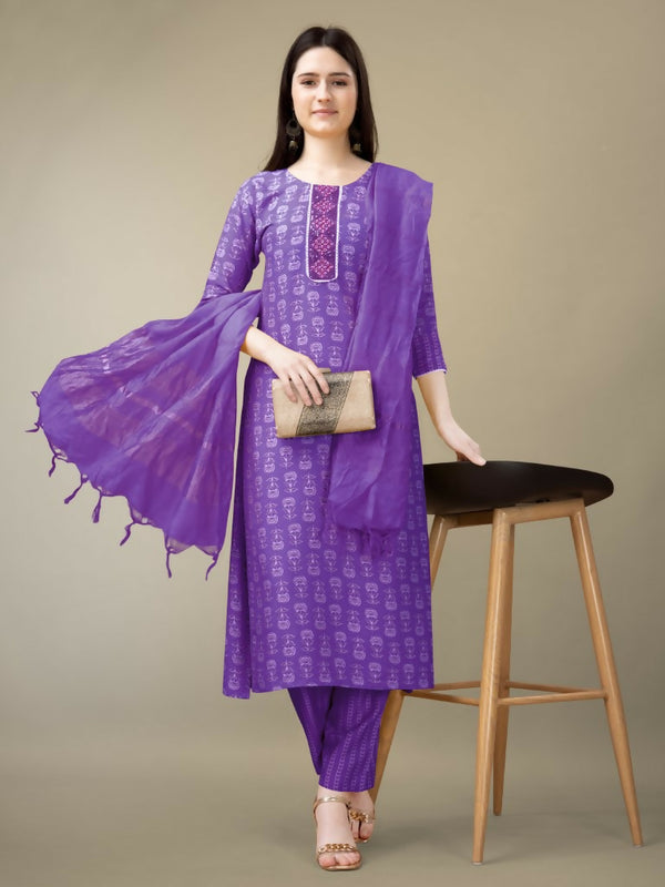 Jyoti Fashion Women's Purple Rayon Embroidery & Sequence work Kurta with Trouser & Dupatta - Distacart