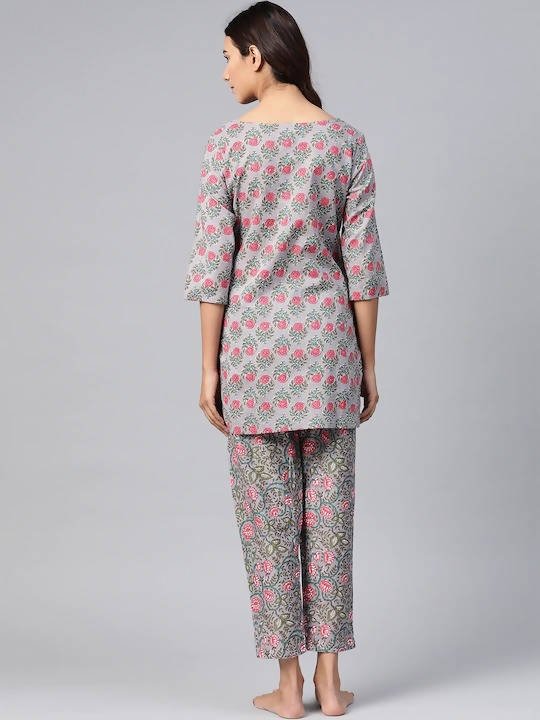 Anubhutee Grey & Pink Pure Cotton Printed Night suit - Distacart