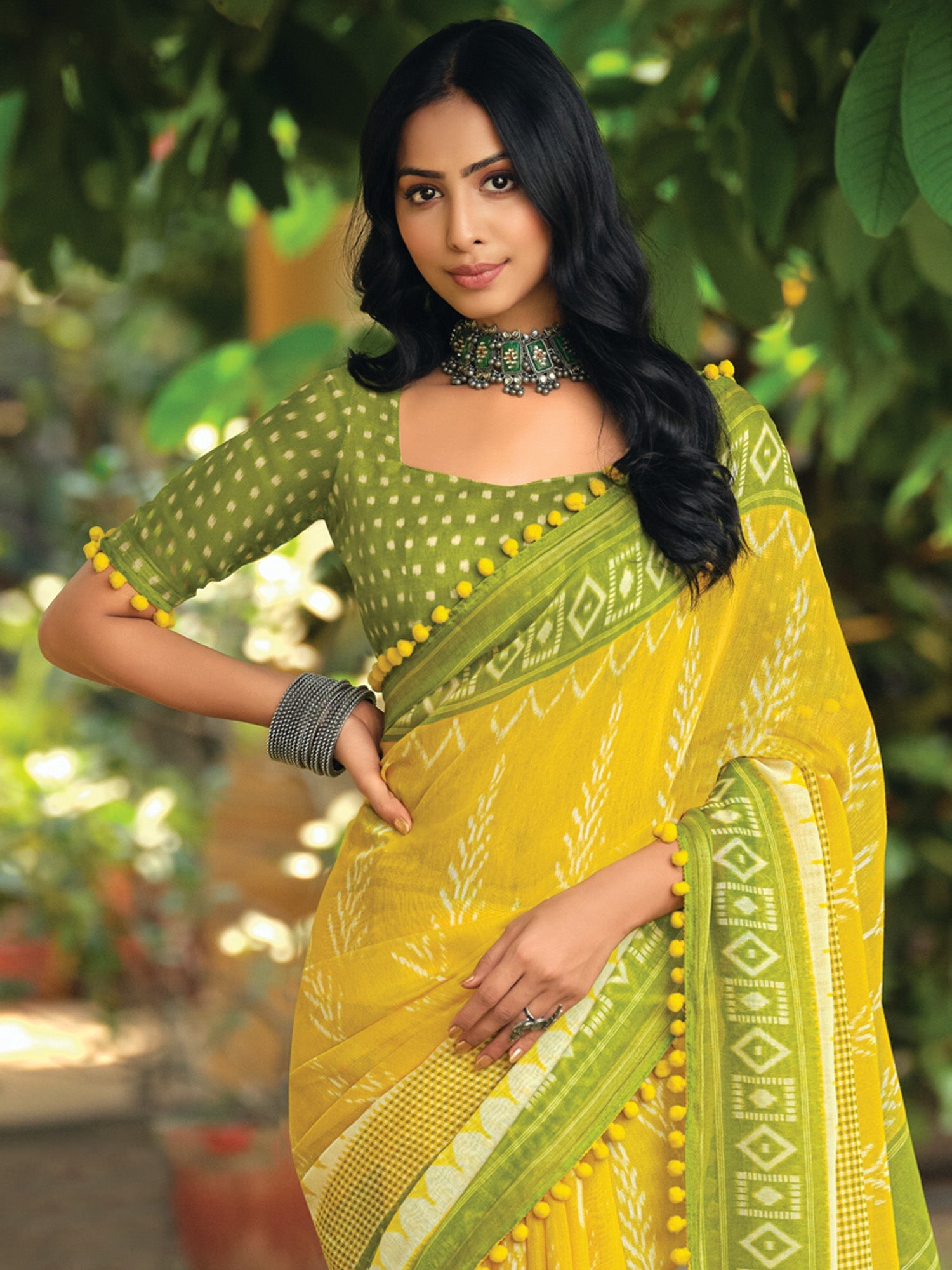 NOZ2TOZ Women's Cotton Blend Yellow Printed Designer Saree With Blouse Piece - Distacart