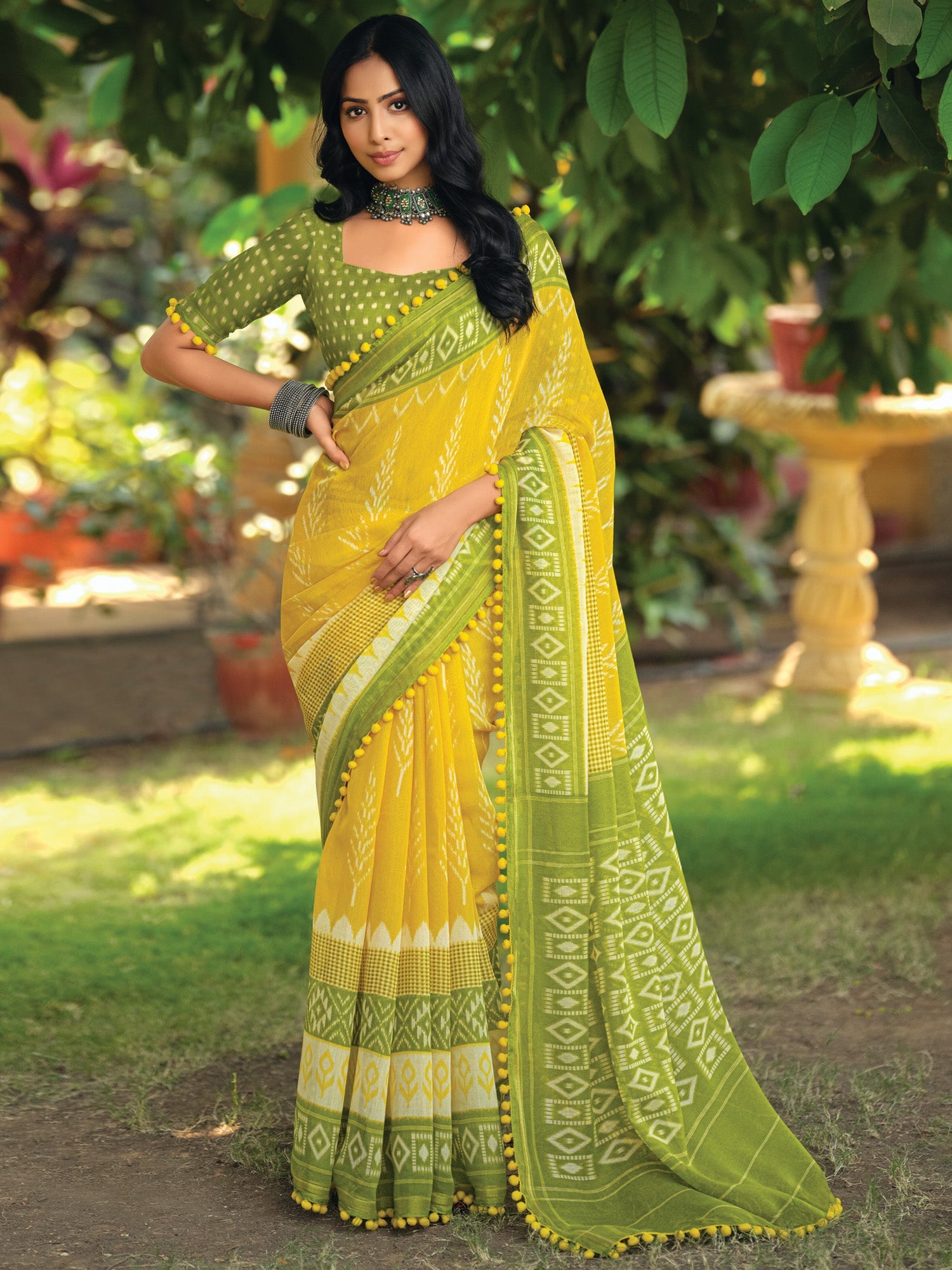NOZ2TOZ Women's Cotton Blend Yellow Printed Designer Saree With Blouse Piece - Distacart