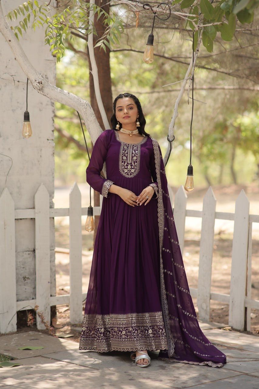 Evanik Purple Faux Blooming Gown with Dupatta With Attractive Embroidered Sequins work