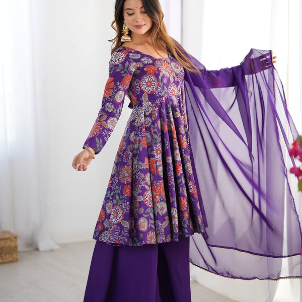 Evanik Purple Pure Romance Silk With Print Kediya With Palazzo Suit